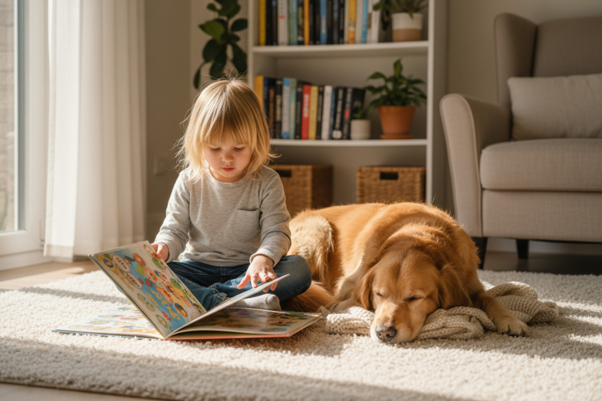 Kind sitzt lesend neben schlafendem Hund