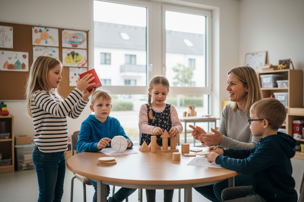 Die Bilder zeigen, wie Kinder geometrische Formen und Körper im Alltag entdecken, ordnen, zeichnen und sprachlich