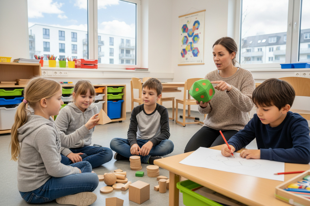 Die Bilder zeigen, wie Kinder geometrische Formen und Körper im Alltag entdecken, ordnen, zeichnen und sprachlich