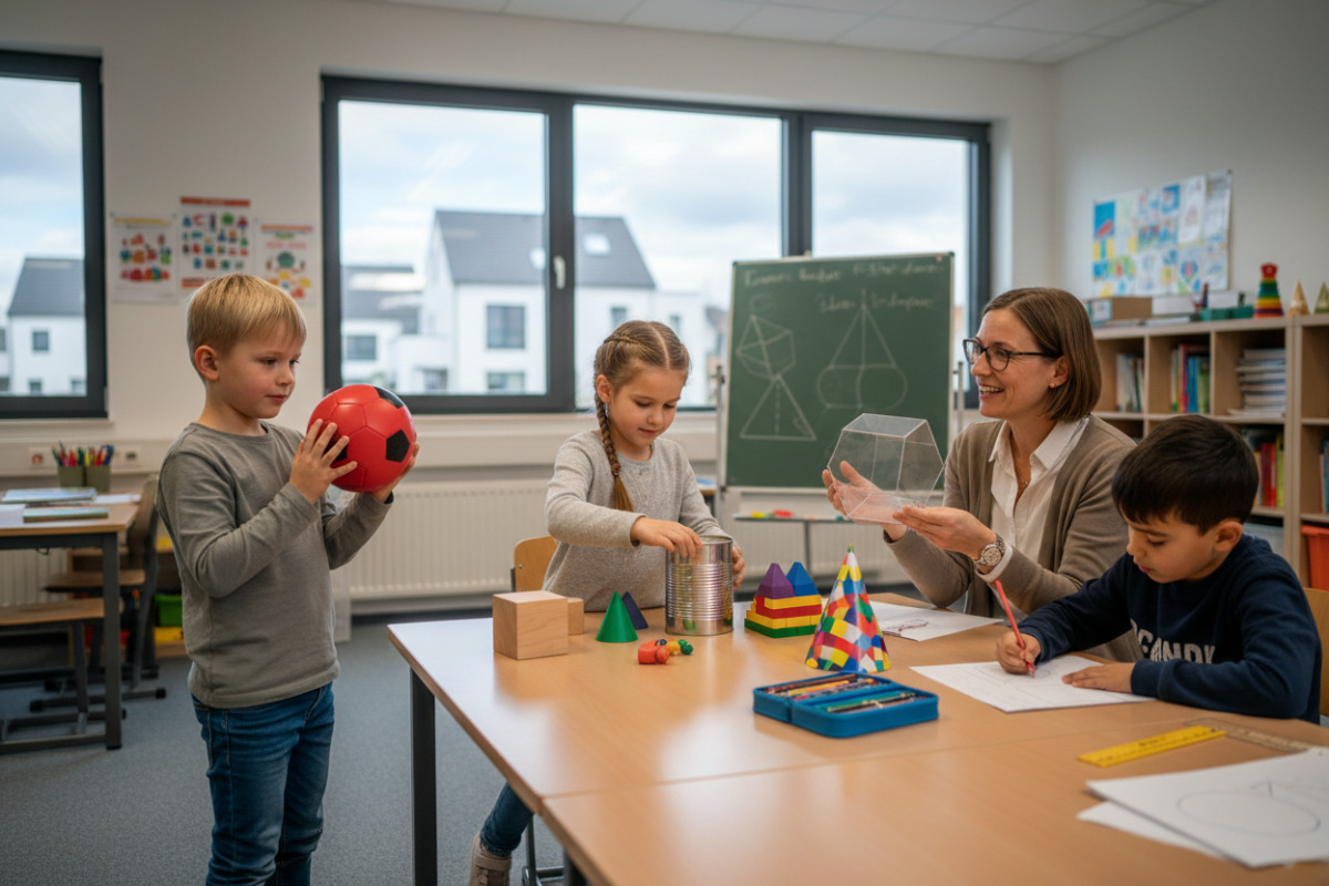 Die Bilder zeigen, wie Kinder geometrische Formen und Körper im Alltag entdecken, ordnen, zeichnen und sprachlich