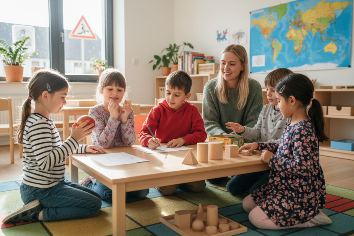 Die Bilder zeigen, wie Kinder geometrische Formen und Körper im Alltag entdecken, ordnen, zeichnen und sprachlich