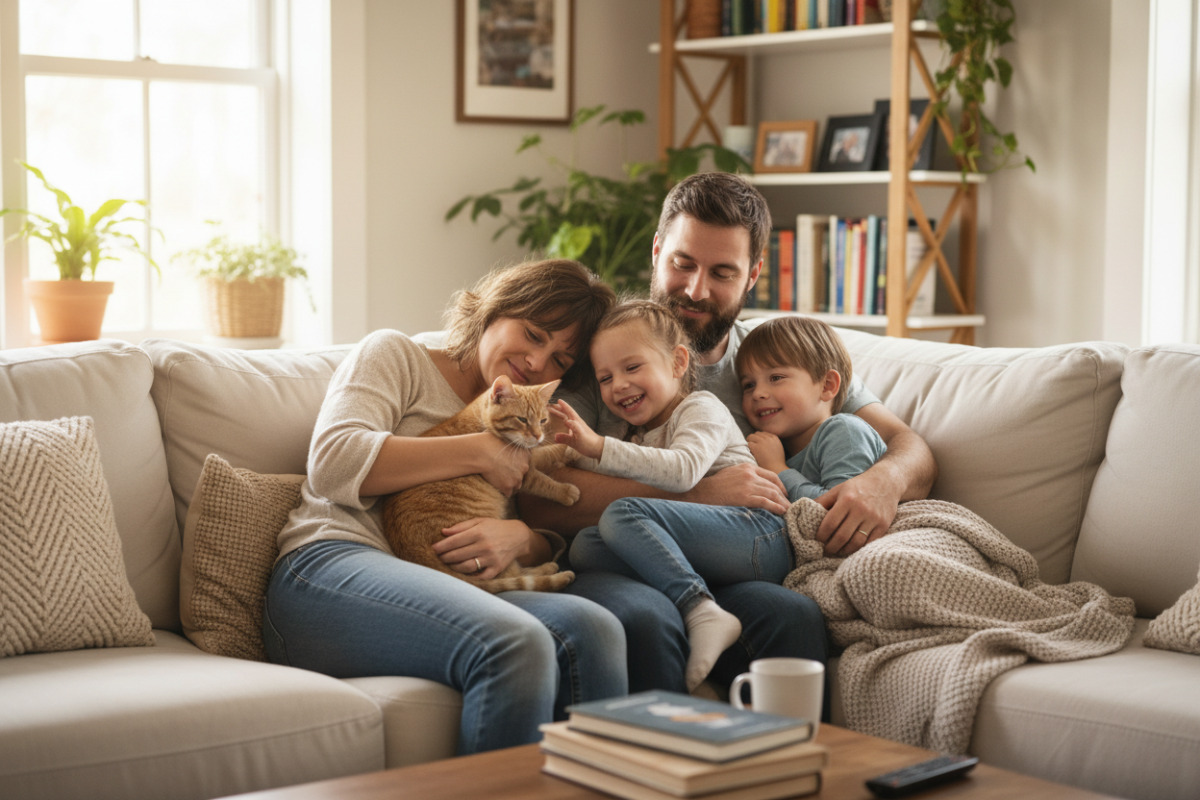 Familie kuschelt auf dem Sofa mit Katze