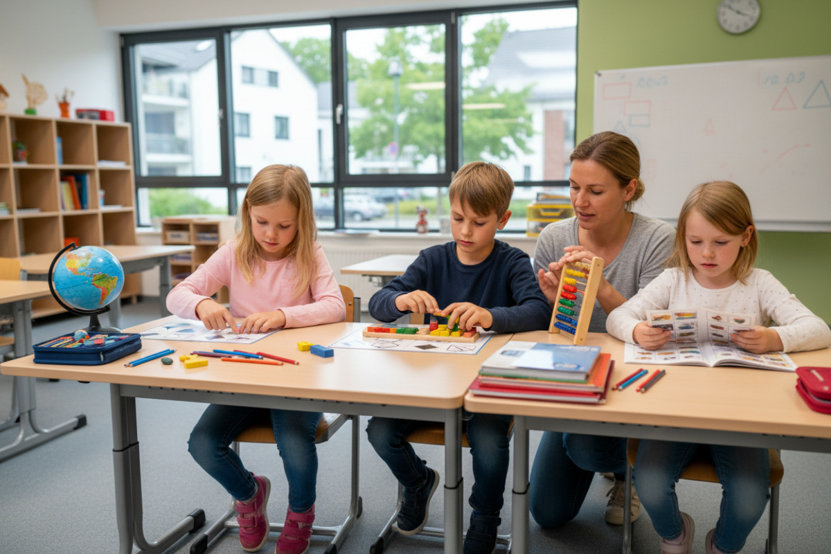 Alltagsszenen aus Klasse zeigen, wie Lesen, Rechnen und konzentriertes Arbeiten in kleinen Ritualen zusammenfinden.