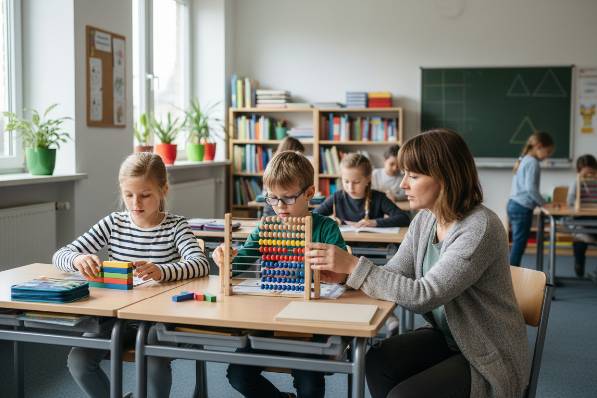 Alltagsszenen aus Klasse zeigen, wie Lesen, Rechnen und konzentriertes Arbeiten in kleinen Ritualen zusammenfinden.