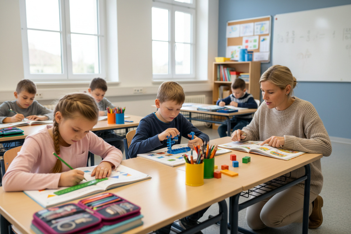 Alltagsszenen aus Klasse zeigen, wie Lesen, Rechnen und konzentriertes Arbeiten in kleinen Ritualen zusammenfinden.