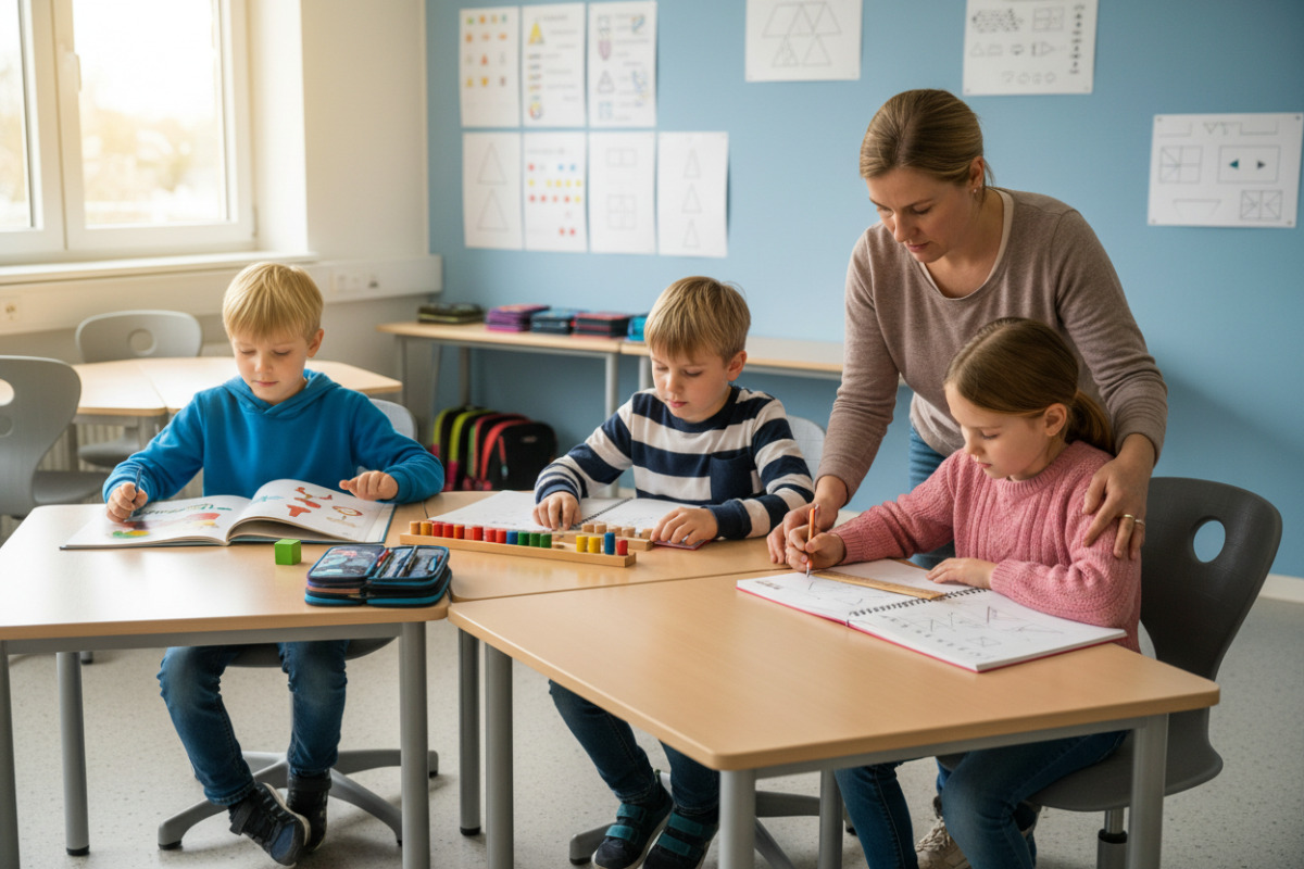 Alltagsszenen aus Klasse zeigen, wie Lesen, Rechnen und konzentriertes Arbeiten in kleinen Ritualen zusammenfinden.