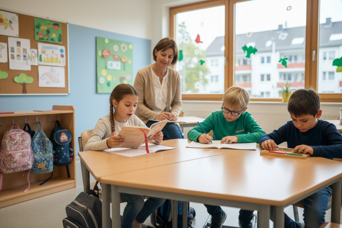 Alltagsszenen aus Klasse zeigen, wie Lesen, Rechnen und konzentriertes Arbeiten in kleinen Ritualen zusammenfinden.