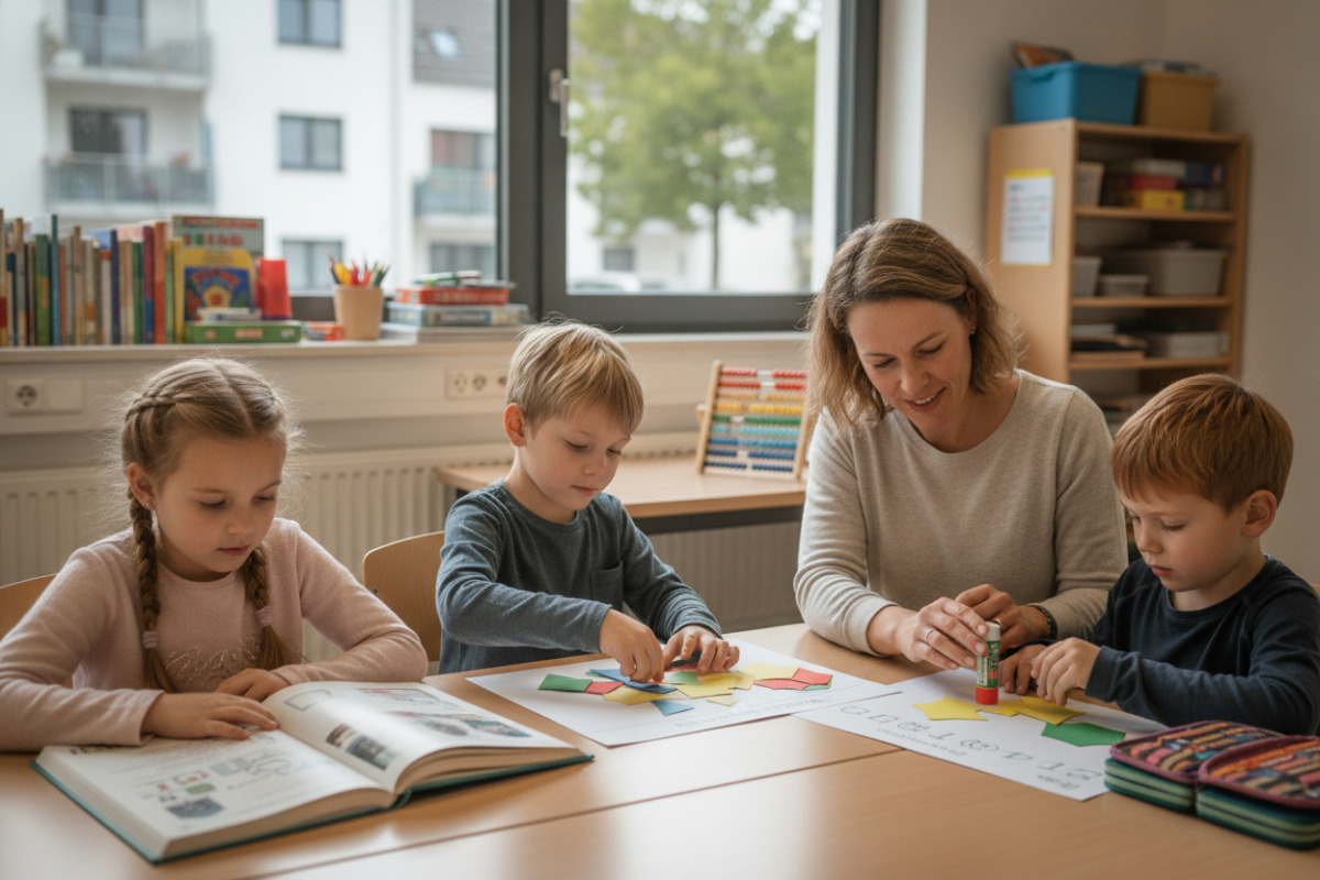 Die Bilder zeigen ruhige Lernsituationen, in denen Lesen, Sortieren, Rechnen und Kleben sinnvoll verbunden werden.