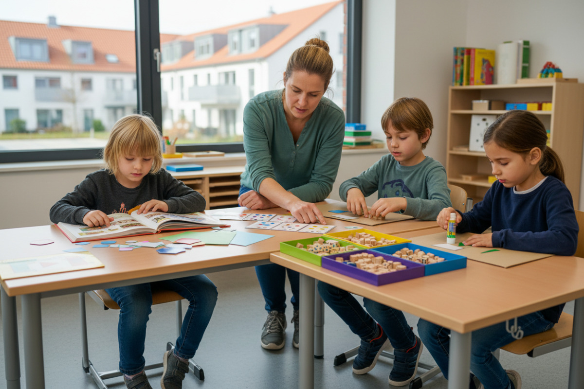 Die Bilder zeigen ruhige Lernsituationen, in denen Lesen, Sortieren, Rechnen und Kleben sinnvoll verbunden werden.