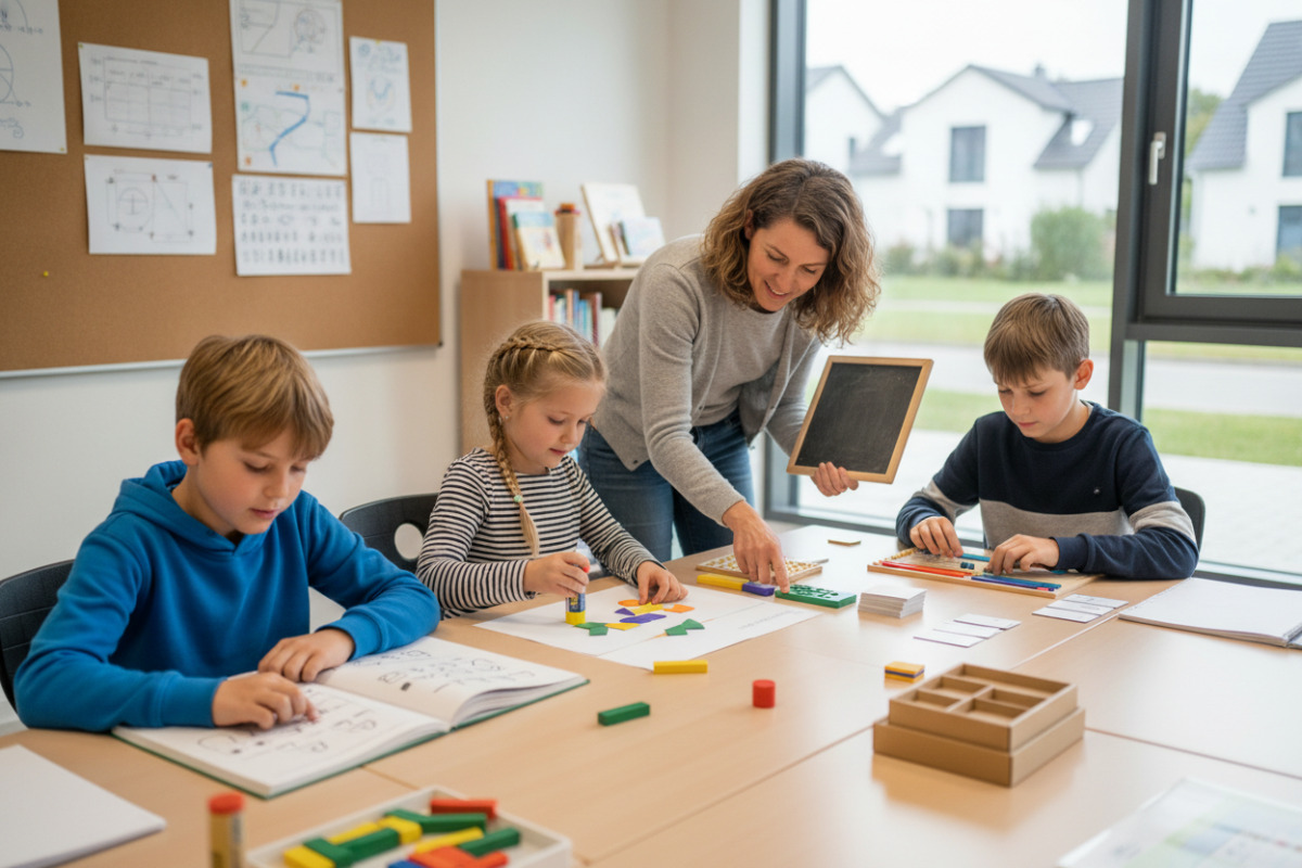 Die Bilder zeigen ruhige Lernsituationen, in denen Lesen, Sortieren, Rechnen und Kleben sinnvoll verbunden werden.