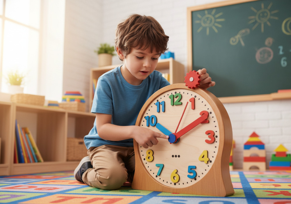 Grundschulkind lernt die Uhrzeit an einer analogen Uhr