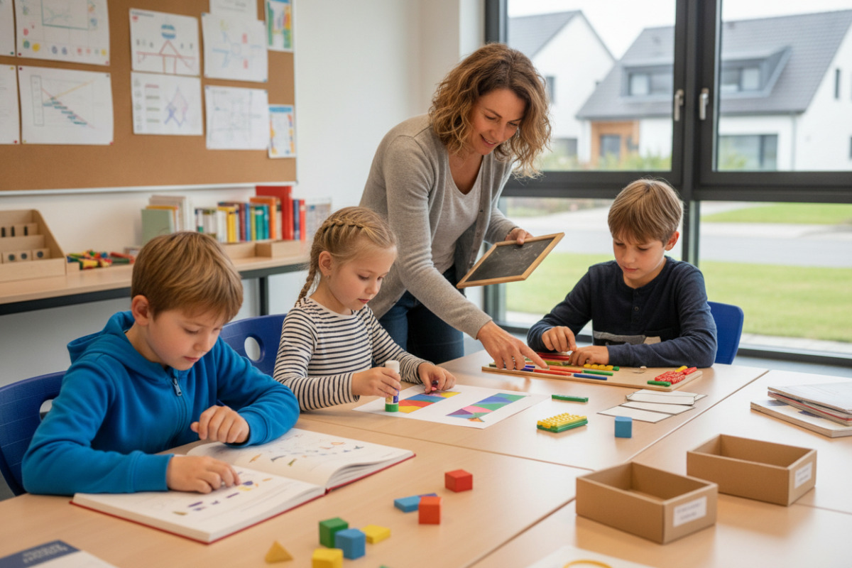 Die Bilder zeigen ruhige Lernsituationen, in denen Lesen, Sortieren, Rechnen und Kleben sinnvoll verbunden werden.
