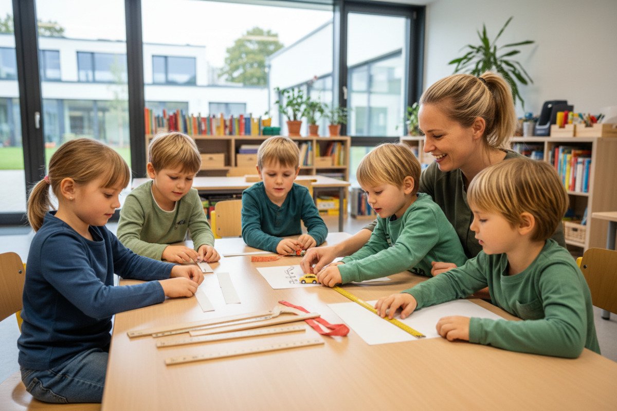 Die Bilder zeigen, wie Kinder Längen handelnd erfahren messen, vergleichen, zeichnen und gemeinsam entdecken.