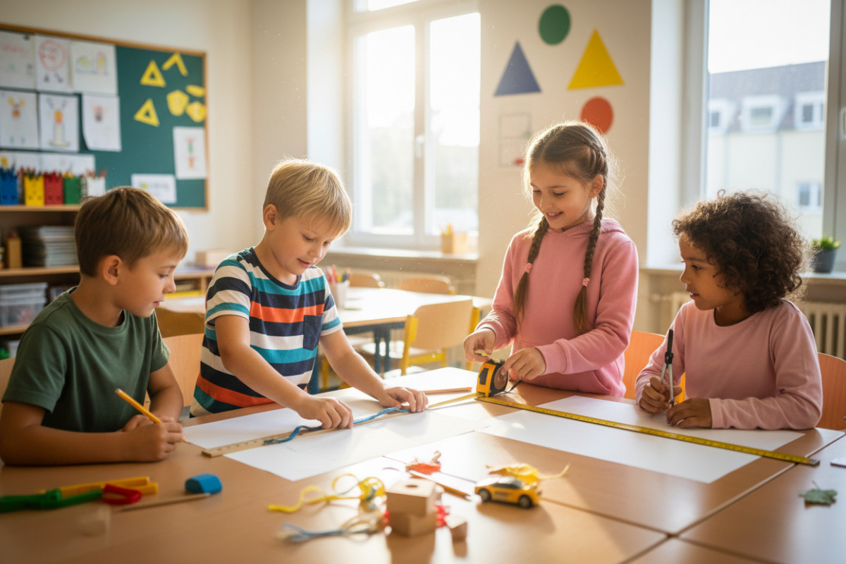 Die Bilder zeigen, wie Kinder Längen handelnd erfahren messen, vergleichen, zeichnen und gemeinsam entdecken.