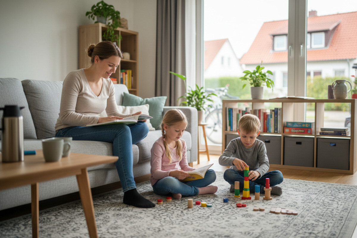 Kleine Alltagsszenen zeigen, wie Lesen, Rechnen, Ordnung und Pausen zu entspannten Lernroutine werden.