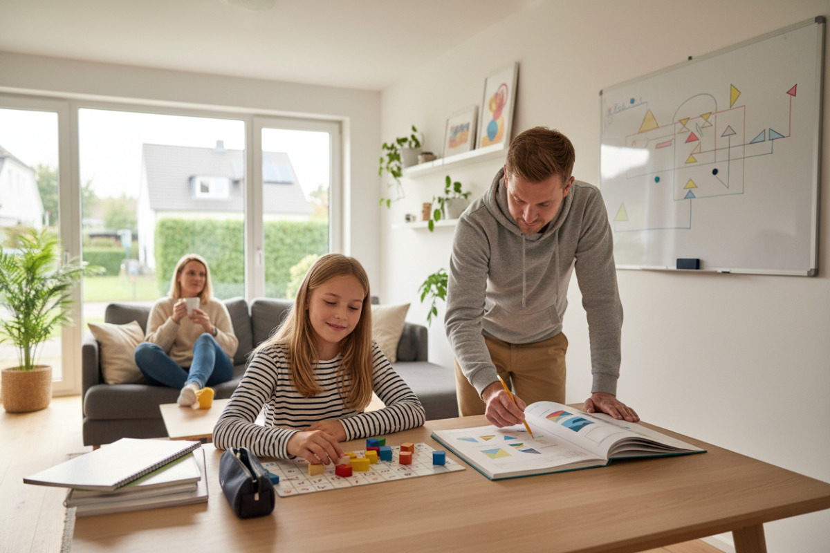 Kleine Alltagsszenen zeigen, wie Lesen, Rechnen, Ordnung und Pausen zu entspannten Lernroutine werden.