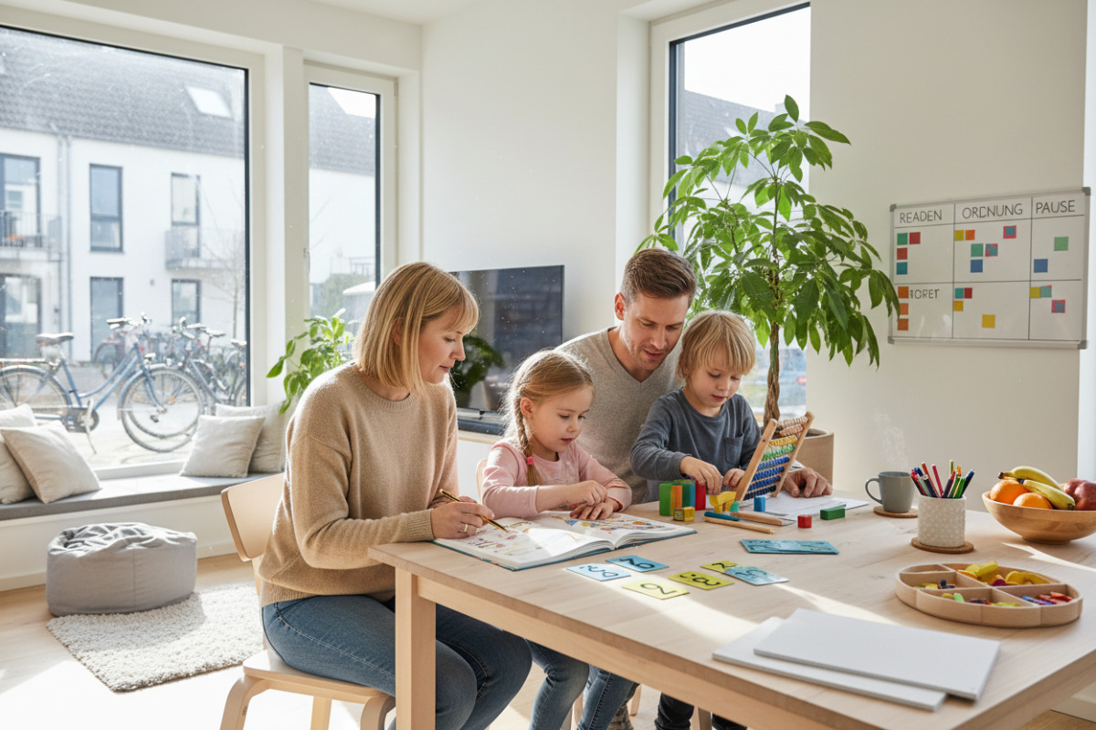 Kleine Alltagsszenen zeigen, wie Lesen, Rechnen, Ordnung und Pausen zu entspannten Lernroutine werden.