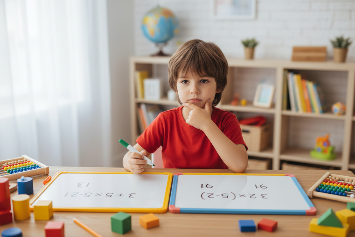Kind überprüft zwei Rechenausdrücke