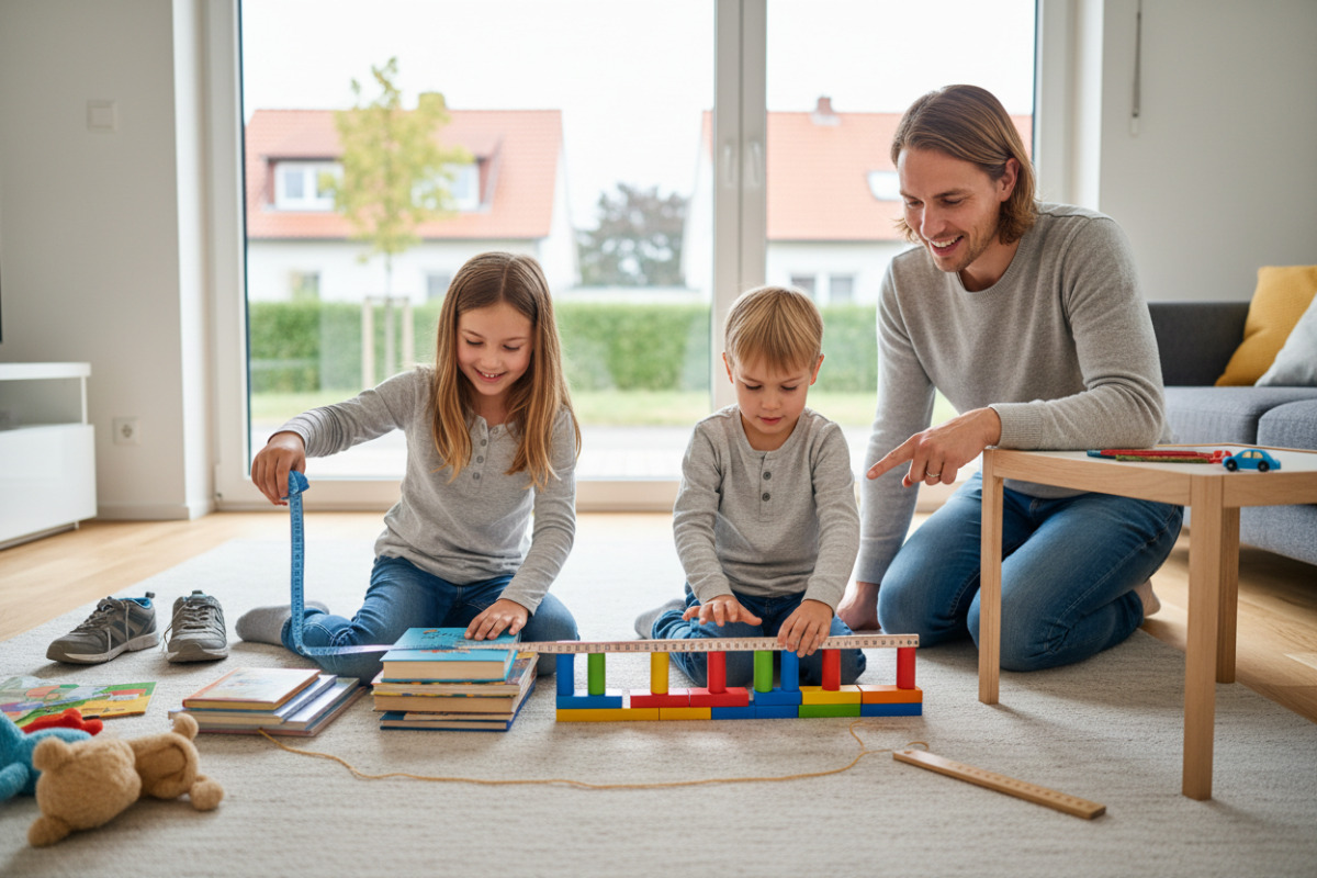 Alltagssituationen zeigen, wie Kinder Meter und Zentimeter mit echten Gegenständen begreifen.