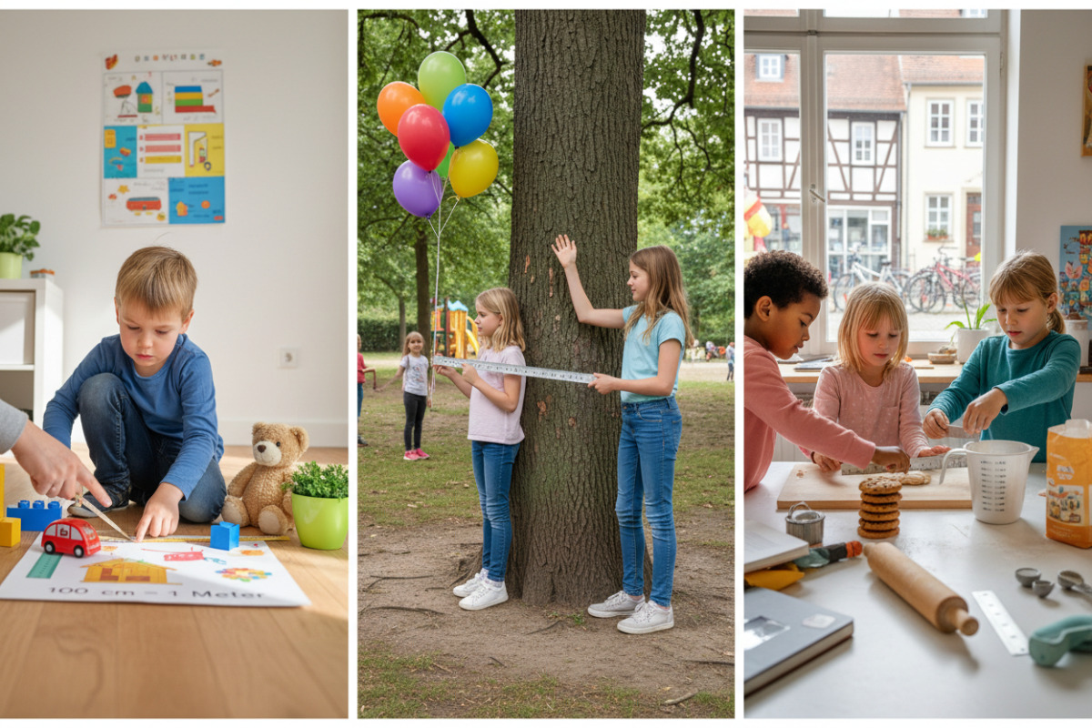 Alltagssituationen zeigen, wie Kinder Meter und Zentimeter mit echten Gegenständen begreifen.