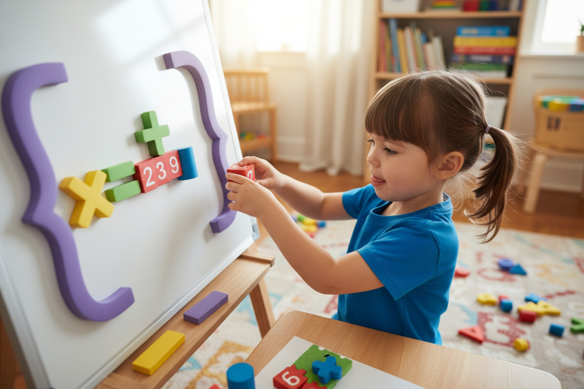 Kind ordnet Rechenaufgabe mit Klammern