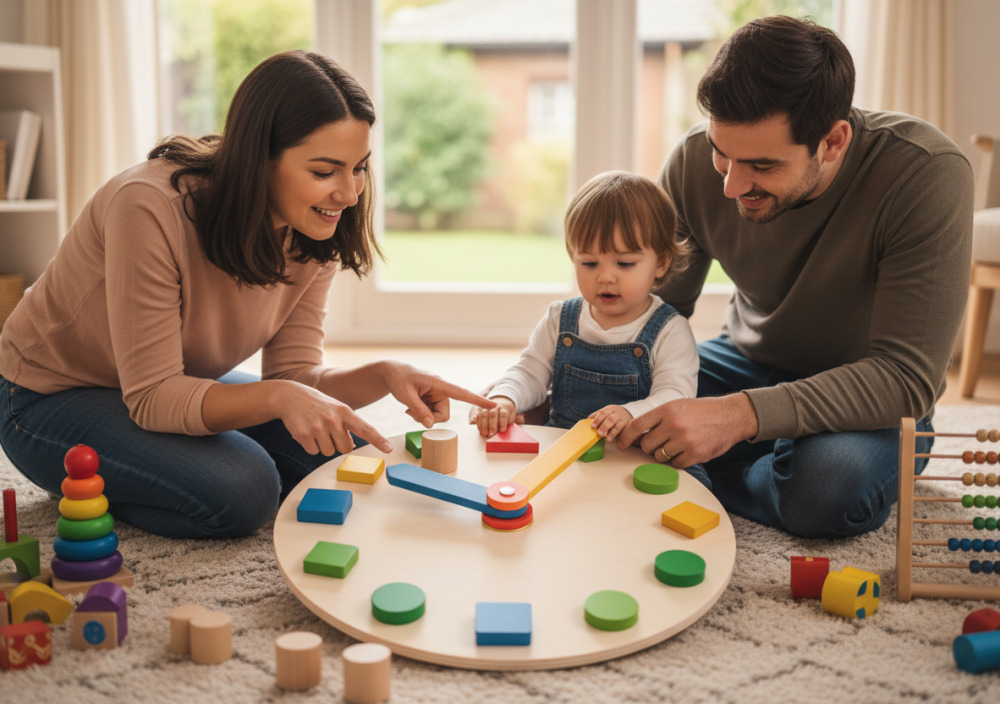Eltern erklären ihrem Kind die Uhrzeit