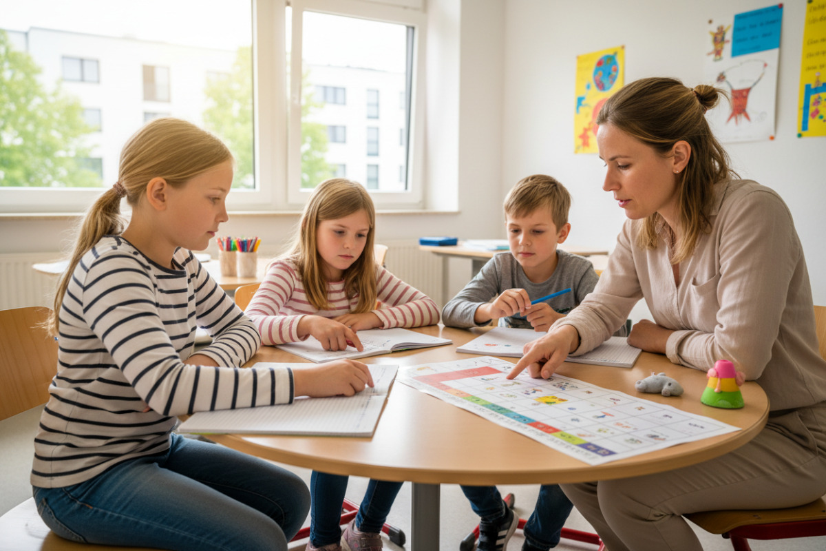 Die Bilder zeigen kleine Lernmomente, die Kindern in der vierten Klasse Struktur, Ruhe und Zuversicht geben.