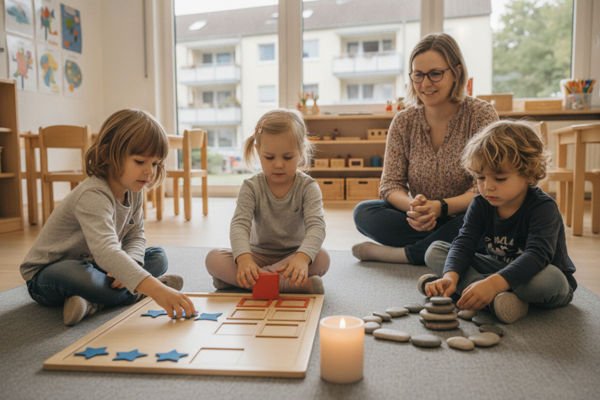 Alltagsszenen zeigen, wie Kinder mit Formen, und kleinen Ritualen sicherer werden.