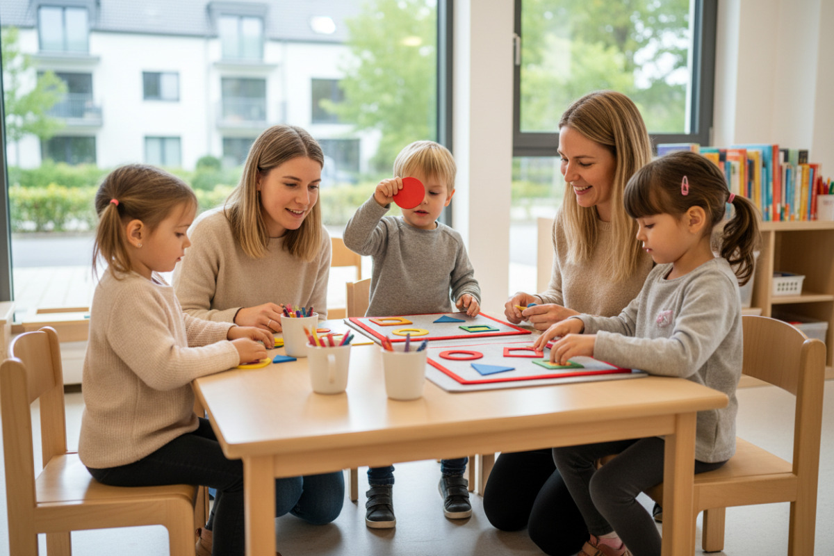 Alltagsszenen zeigen, wie Kinder mit Formen, und kleinen Ritualen sicherer werden.
