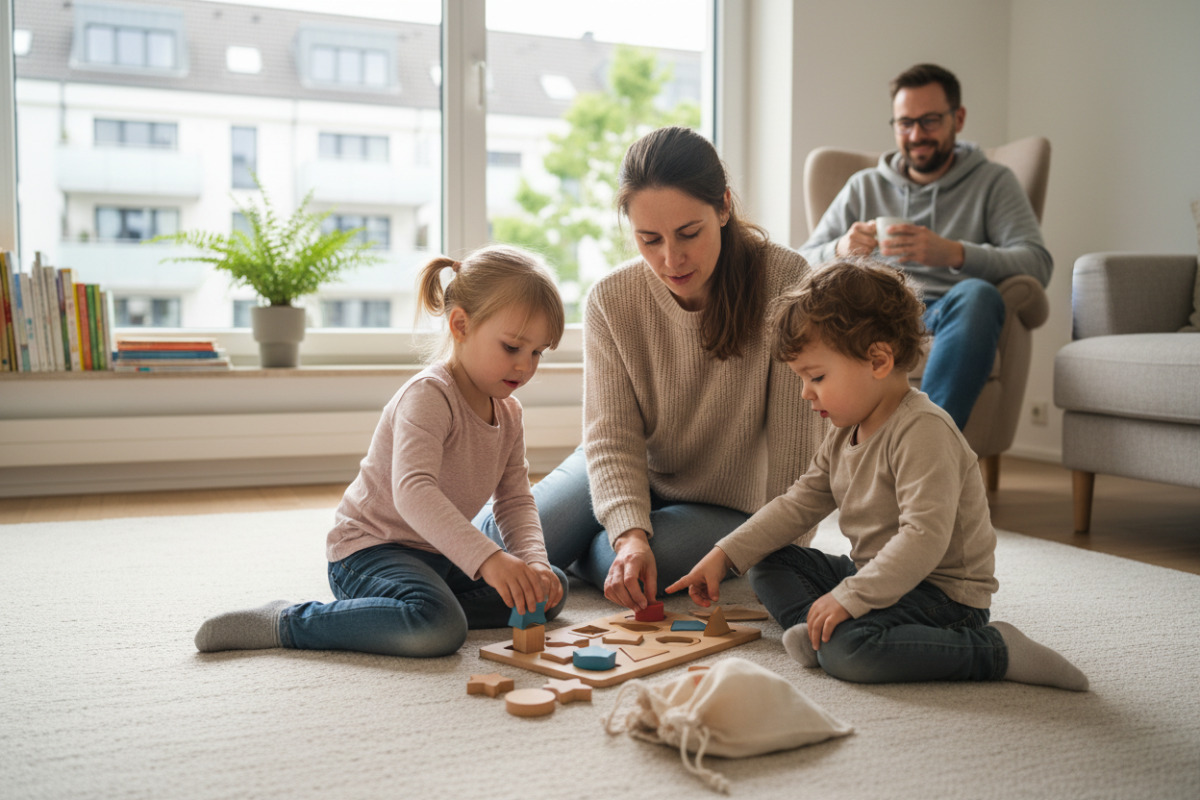 Alltagsszenen zeigen, wie Kinder mit Formen, und kleinen Ritualen sicherer werden.