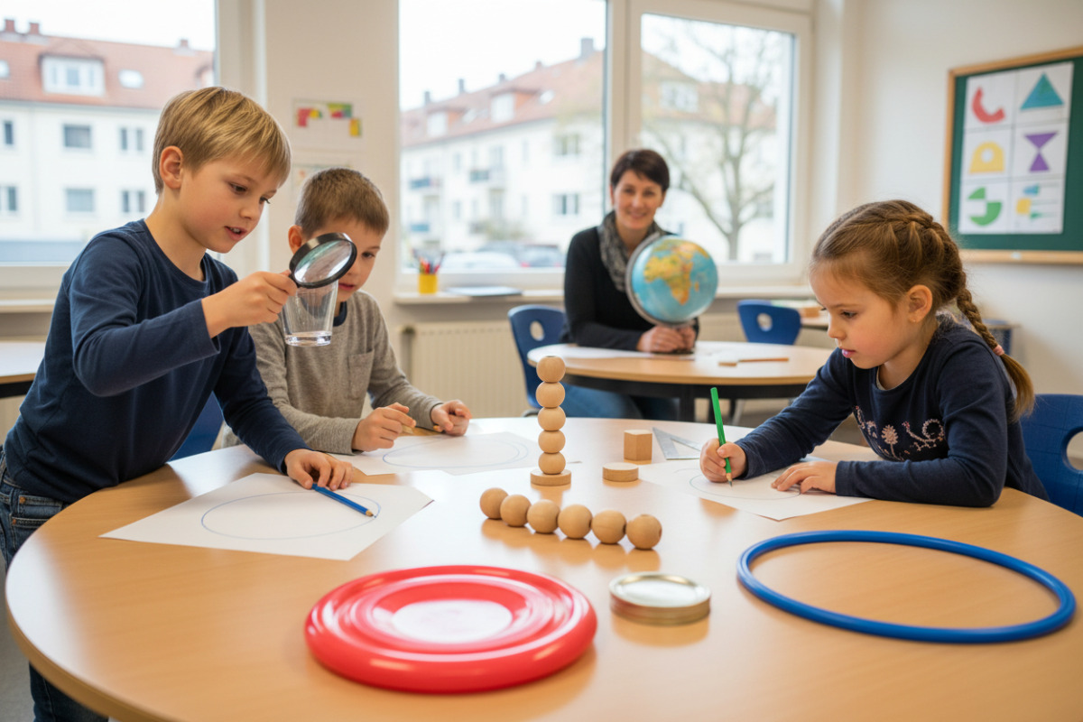 Die Bilder zeigen, wie Kinder Kreise im Alltag entdecken, zeichnen und mit anderen Formen vergleichen.