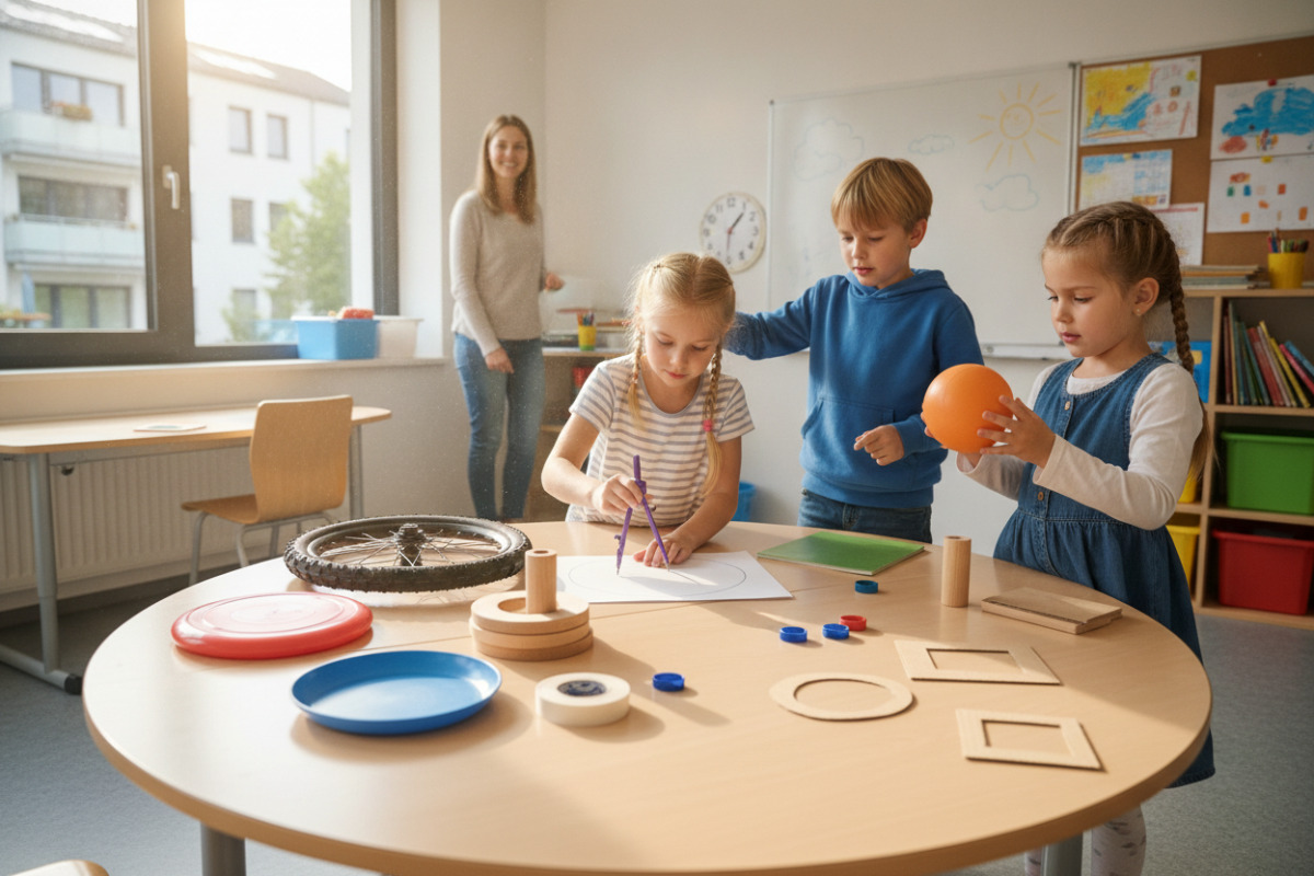 Die Bilder zeigen, wie Kinder Kreise im Alltag entdecken, zeichnen und mit anderen Formen vergleichen.