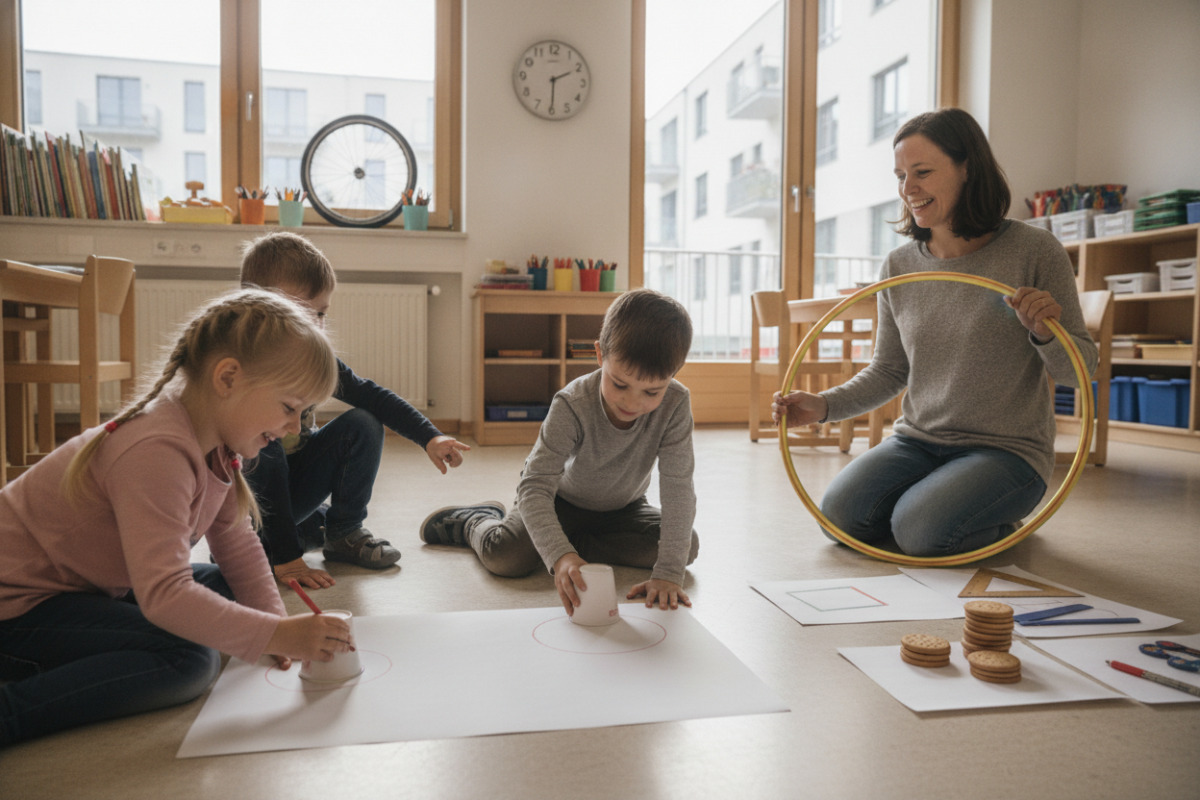 Die Bilder zeigen, wie Kinder Kreise im Alltag entdecken, zeichnen und mit anderen Formen vergleichen.
