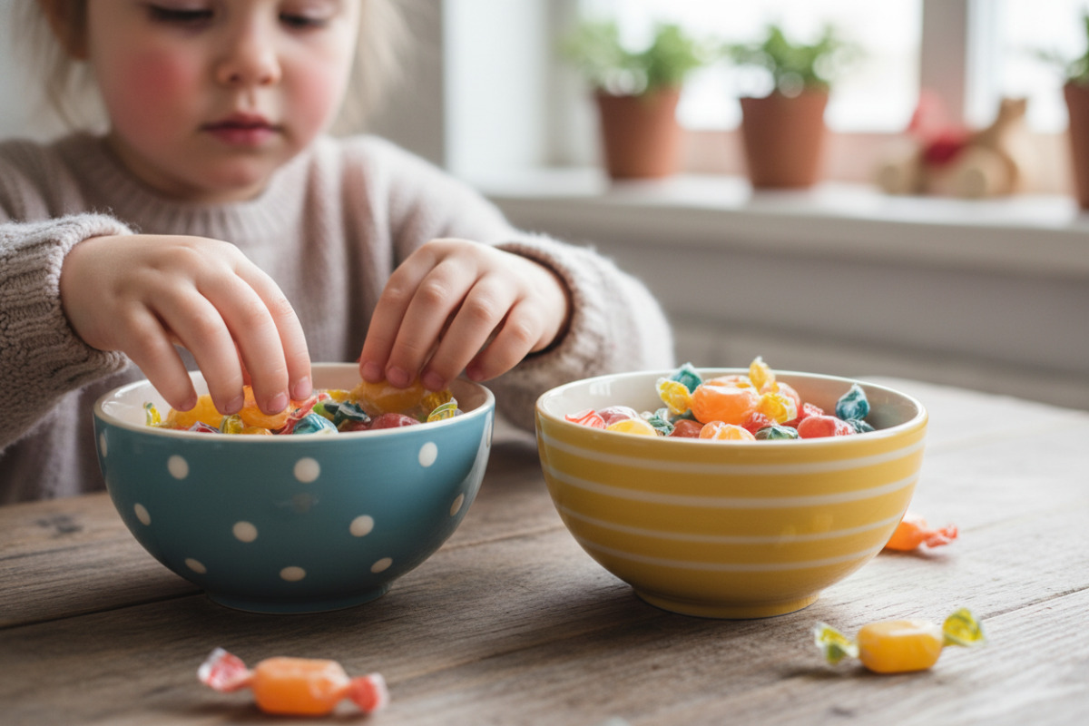 Kind legt Bonbons in zwei Schälchen