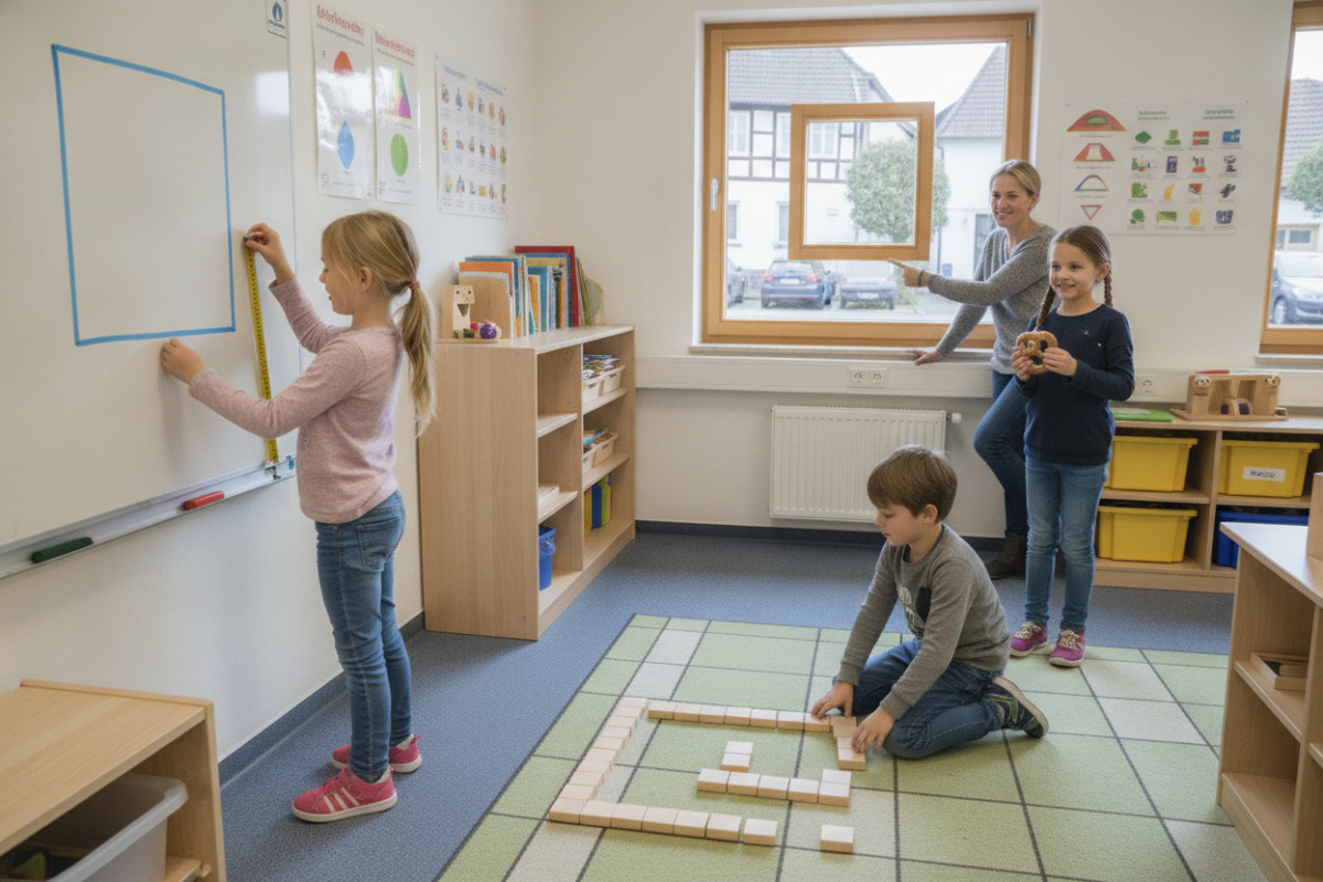 Die Bilder zeigen, wie Kinder Quadrate im Spiel, beim Messen und im Alltag entdecken.