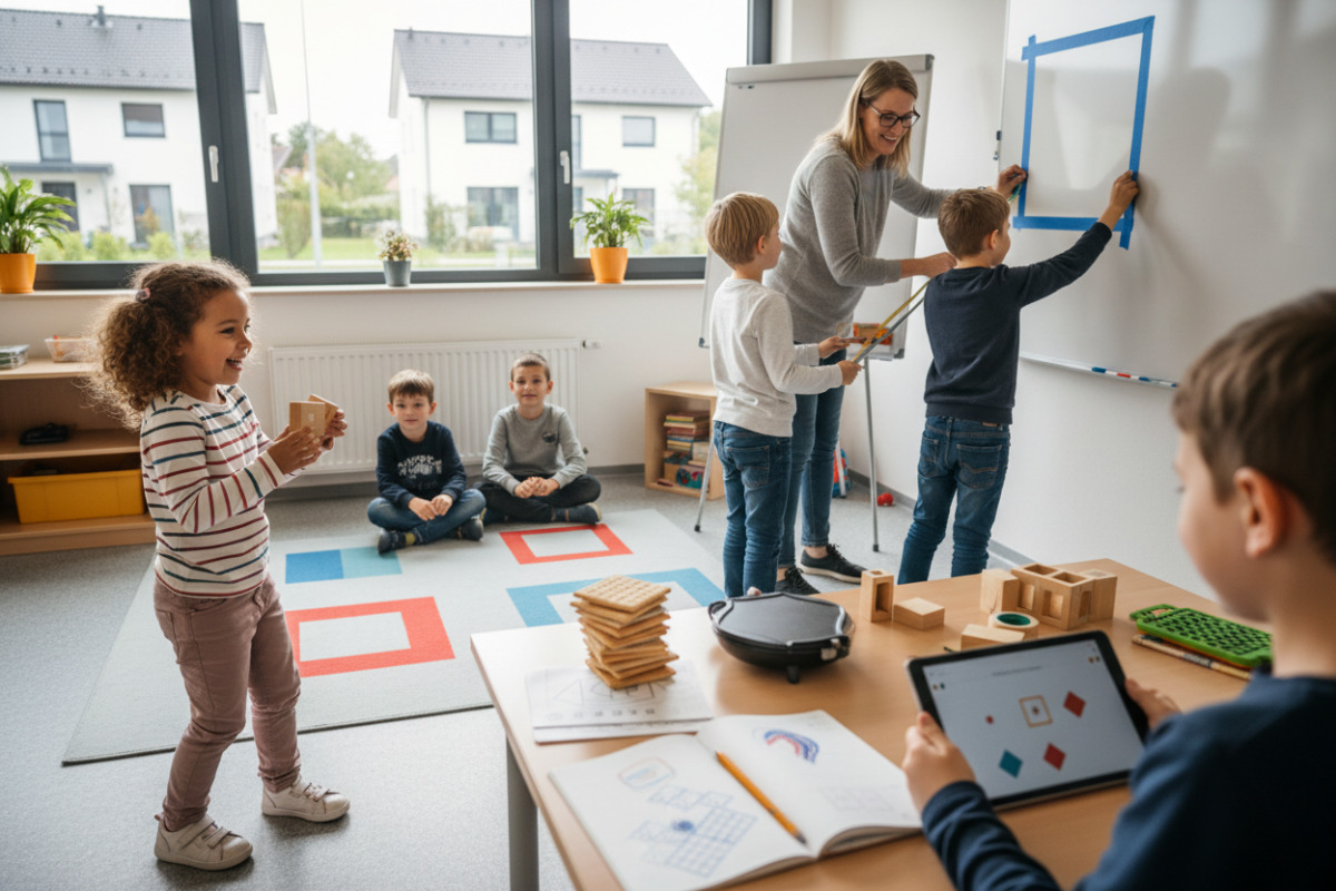 Die Bilder zeigen, wie Kinder Quadrate im Spiel, beim Messen und im Alltag entdecken.