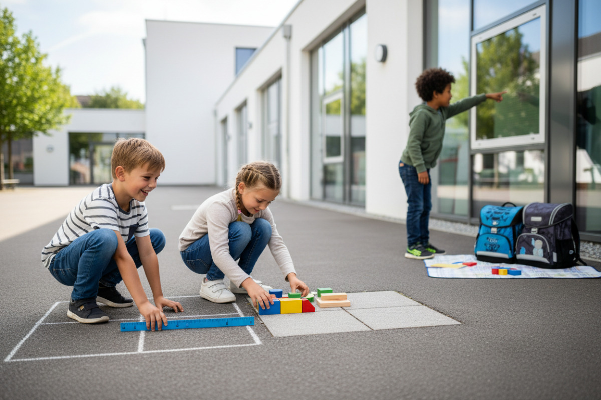Die Bilder zeigen, wie Kinder Quadrate im Spiel, beim Messen und im Alltag entdecken.