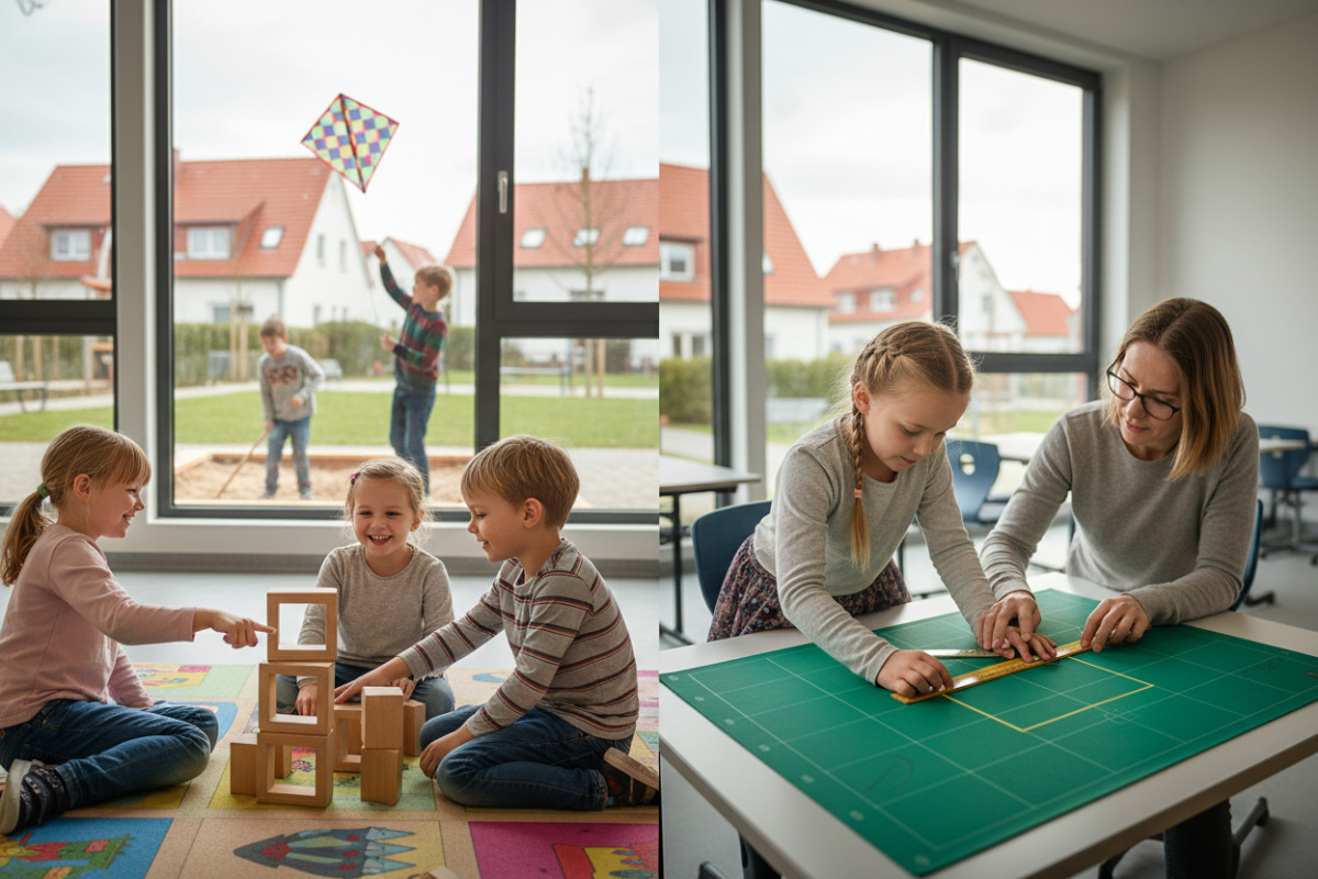 Die Bilder zeigen, wie Kinder Quadrate im Spiel, beim Messen und im Alltag entdecken.