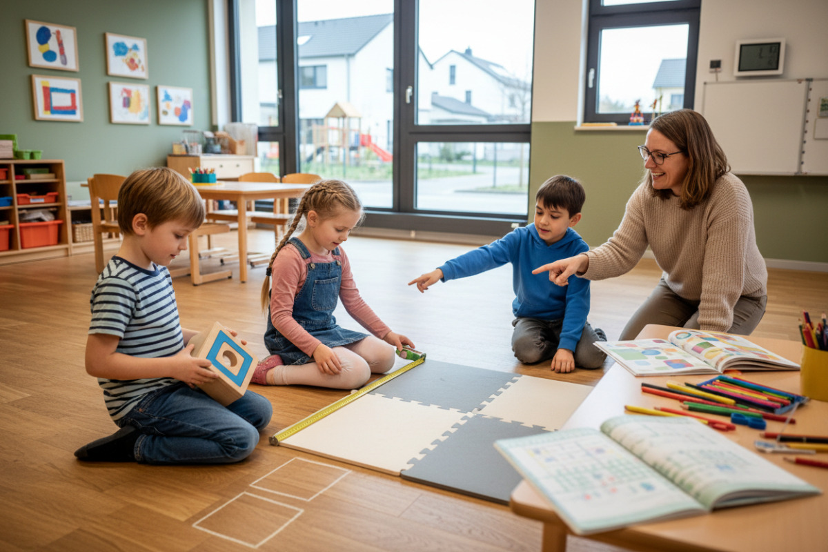 Die Bilder zeigen, wie Kinder Quadrate im Spiel, beim Messen und im Alltag entdecken.
