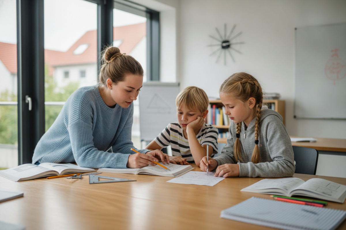 Die Bilder zeigen ruhige Lernmomente, gemeinsames Denken und unterstützende Begleitung im Mathematikunterricht.