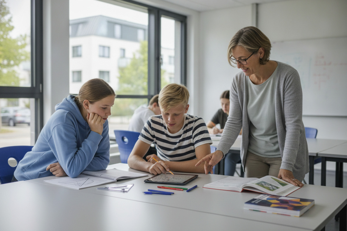 Die Bilder zeigen ruhige Lernmomente, gemeinsames Denken und unterstützende Begleitung im Mathematikunterricht.