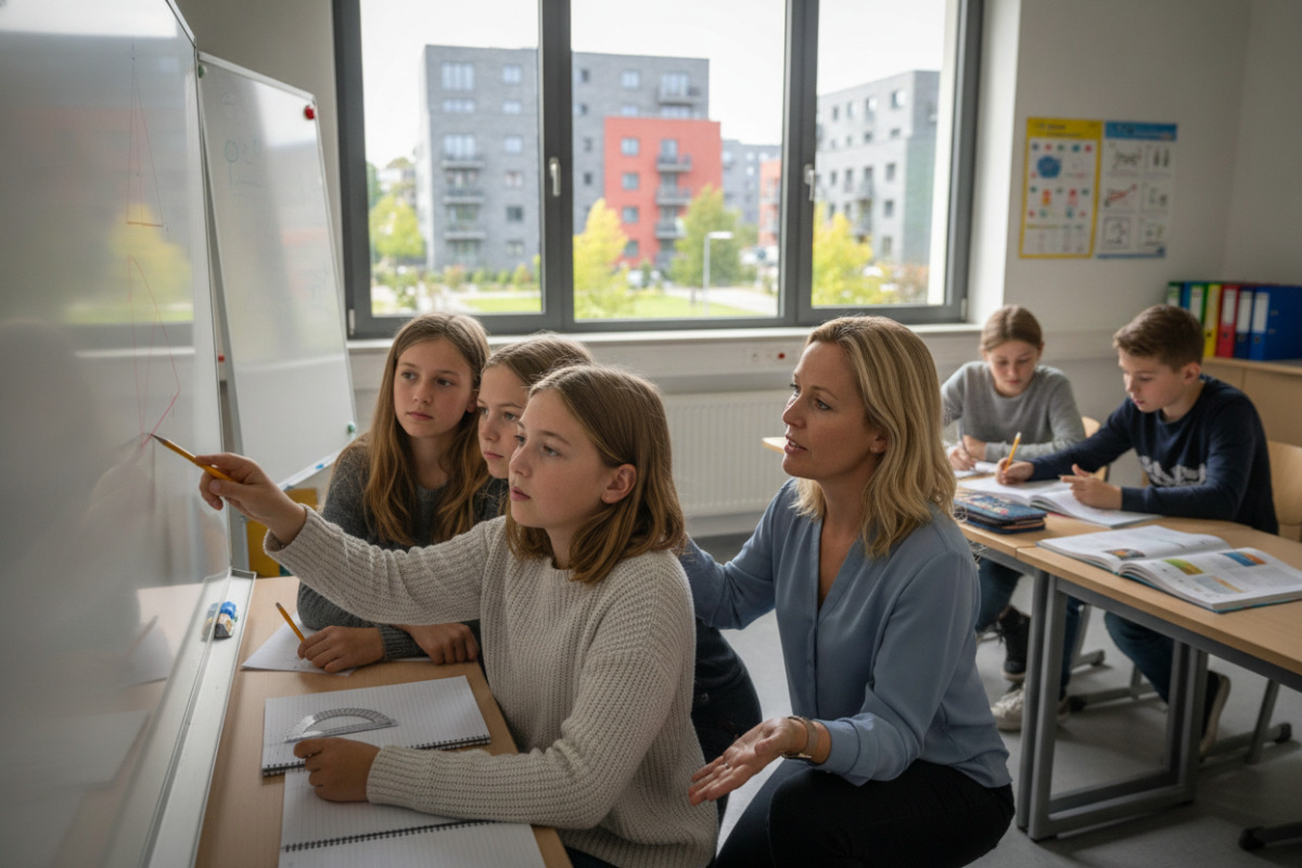 Die Bilder zeigen ruhige Lernmomente, gemeinsames Denken und unterstützende Begleitung im Mathematikunterricht.
