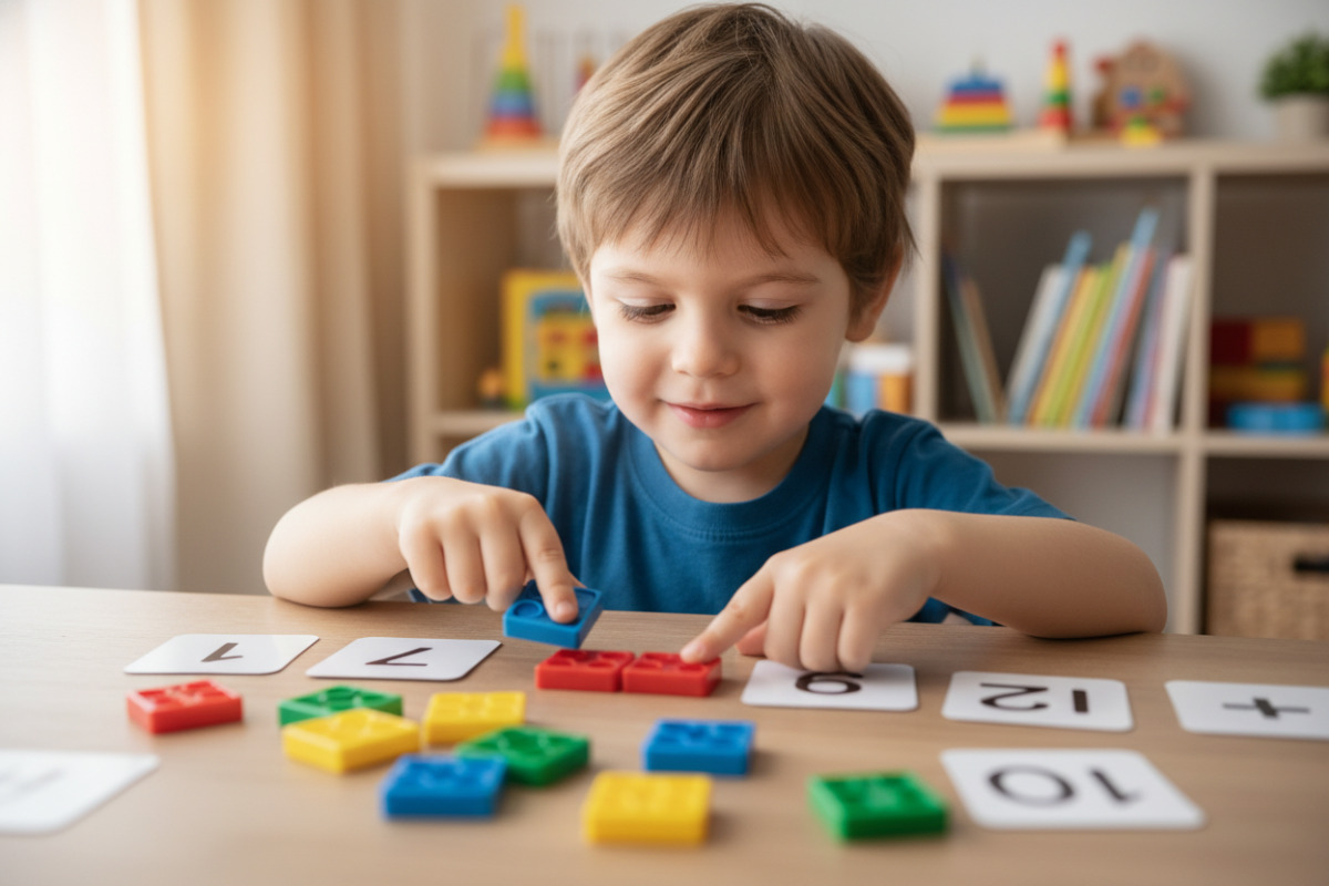 Kind rechnet mit Plättchen und Zahlenkarten