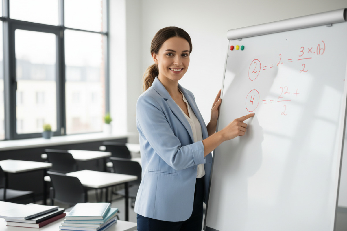 Lehrkraft zeigt freundlich auf eine Aufgabenlösung