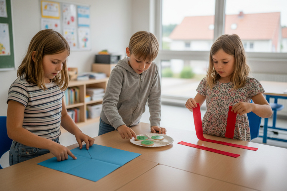 Alltagsszenen zeigen, wie Kinder ein Drittel durch Teilen, Falten, Legen und Vergleichen verstehen können.