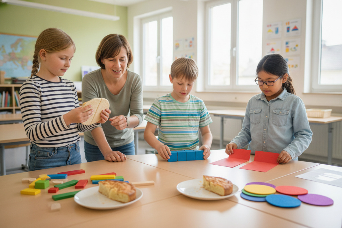 Alltagsszenen zeigen, wie Kinder ein Drittel durch Teilen, Falten, Legen und Vergleichen verstehen können.