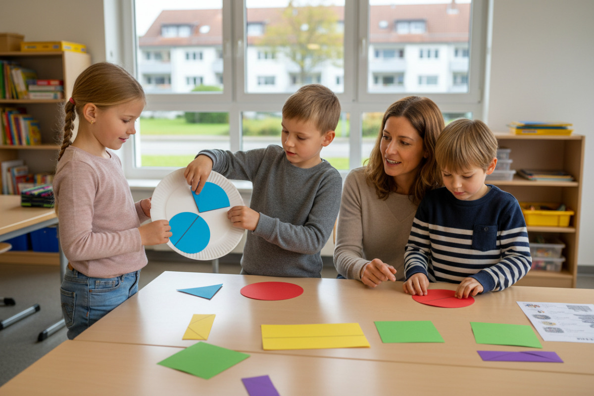Alltagsszenen zeigen, wie Kinder ein Drittel durch Teilen, Falten, Legen und Vergleichen verstehen können.
