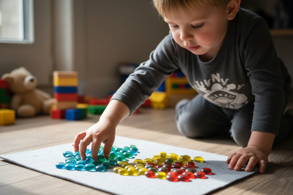 Kind zählt Muggelsteine und schiebt sie in Gruppen