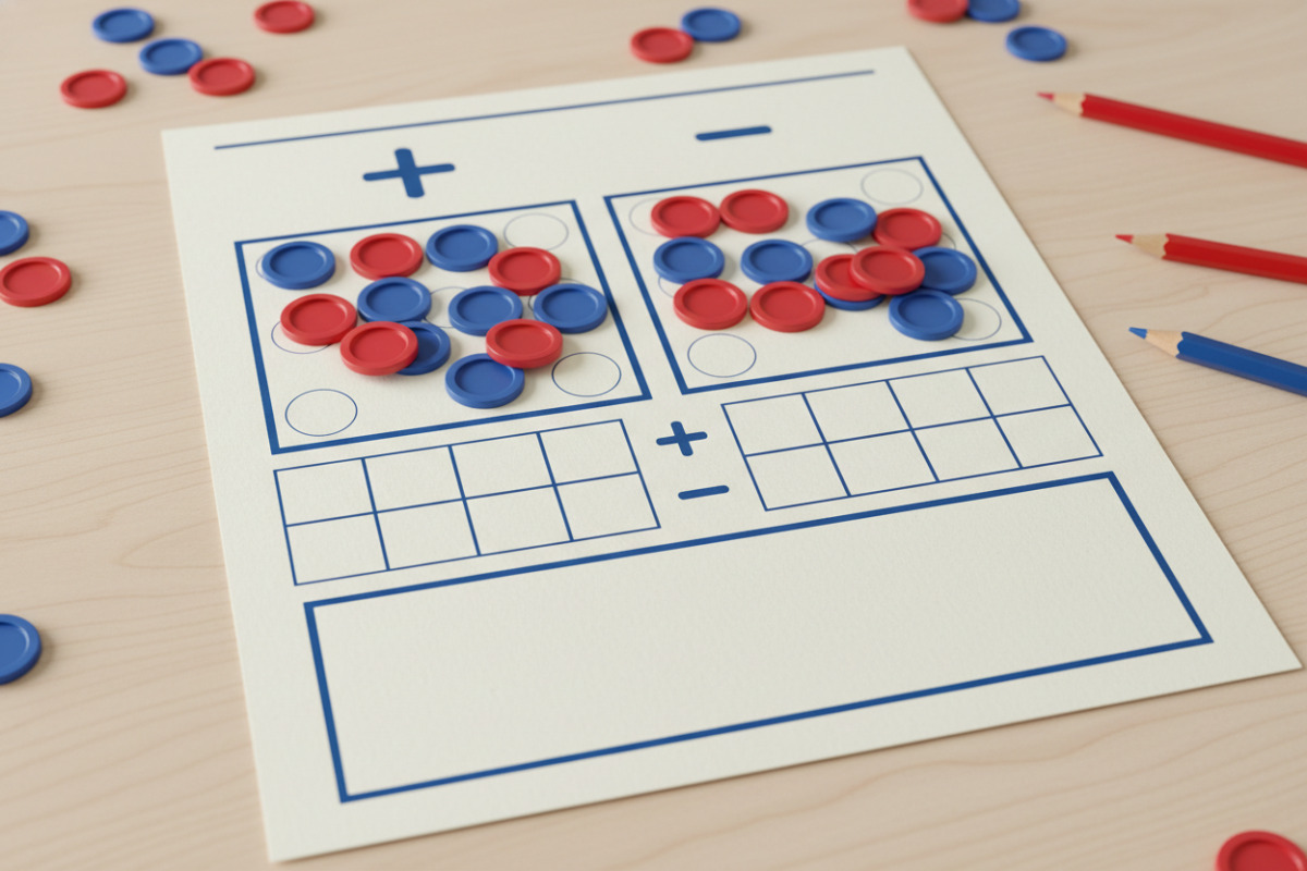 Arbeitsblatt mit Plus und Minus und Rechenplättchen