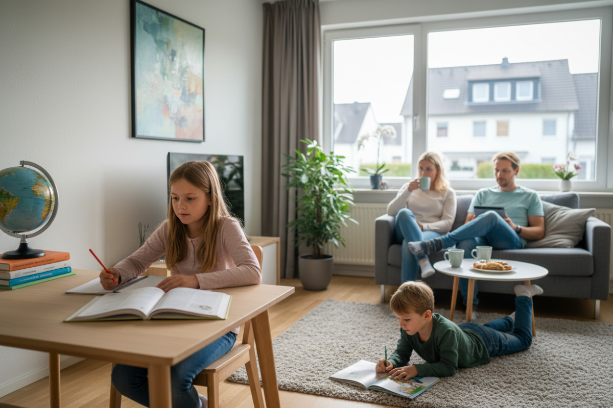 Kleine Alltagsszenen zeigen, wie Lernen, Pausen, Lesen und Ordnung zu entspannten Routine zusammenfinden.